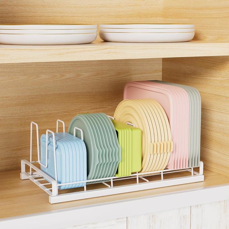 GAGUIUP Food Container Lid Organizer, Adjustable 6 Dividers Full-Metal Pot and Pan Organizer Rack for Kitchen Cabinets, Drawers, Cupboards, Pantry Shelves Storage, White - Image 2